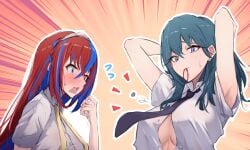 2girls alear_(female)_(fire_emblem) alear_(fire_emblem) alternate_costume blue_eyes blue_hair blush braid breasts byleth_(female)_(fire_emblem) byleth_(fire_emblem) crossed_bangs crown_braid female female_only fire_emblem fire_emblem:_three_houses fire_emblem_engage frown green_hair heavy_blush heterochromia large_breasts lemonolem long_hair medium_breasts medium_hair mouth_hold multicolored_hair multiple_girls nintendo red_eyes red_hair shocked split-color_hair teal_hair two-tone_hair wardrobe_malfunction