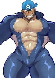 archie_(pokemon) balls bara beard blush bodysuit bulge facial_hair flaccid headkerchief kaeru333938123 male male_only muscles muscular nintendo penis pokemon solo solo_male sweat sweating team_aqua