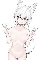 1641_(chfhrtor94) animal_ear_fluff animal_ears bar_censor blush breasts censored closed_mouth collarbone commentary_request completely_nude cowboy_shot double-parted_bangs double_v female fingernails hands_up head_tilt heart heart-shaped_pupils highres inubashiri_momiji korean_commentary looking_at_viewer medium_breasts navel nipples nude red_eyes ribs short_hair smile solo symbol-shaped_pupils tail touhou v white_background white_hair wolf_ears wolf_tail