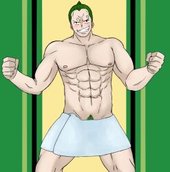 1boy abs curly_eyebrows green_hair green_pubic_hair male male_focus male_only mr.akanaisho07 muscles muscular muscular_male muscular_thighs naked naked_male nipples no_clothes no_visible_genitalia one_piece self-upload towel towel_around_waist towel_only towel_wrap vinsmoke_yonji