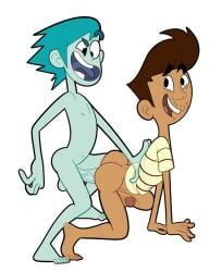 2boys all_fours anal anal_sex ass balls billy_joe_cobra blue_hair brown_hair dark_skin dude,_that's_my_ghost! gay ghost iyumiblue male male_only nipples penis rajeev_bhagwati tagme transparent_background veiny_penis white_outline yaoi