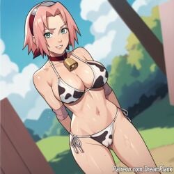 ai_generated bikini breasts cameltoe cow_print cowbell dreamplank green_eyes large_breasts naruto pink_hair sakura_haruno short_hair sweat