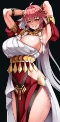 1girls absurdres alternate_breast_size alternate_costume armpits arms_behind_head artist_logo braid breasts bright_pupils changli_(wuthering_waves) cleavage commission crossover dancer dancer_(fire_emblem:_three_houses) dress female female female_only fire_emblem fire_emblem:_three_houses gold_armlet gradient_hair highres huge_breasts multicolored_hair nintendo pelvic_curtain pink_hair pose red_dress smile solo twin_braids white_hair white_pupils whitewaffle wuthering_waves yellow_eyes