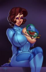 1girls baby_(metroid) beauty_mark bimbo bodysuit breast_sucking breasts brown_hair cosplay eyeshadow female large_breasts lipstick makeup metroid metroid_(creature) milf mole mole_above_mouth nintendo nipple_suck one_breast_out samus_aran_(cosplay) short_hair sitting taboolicious vanessa_harrow wink zero_suit