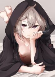 artist_request black_jacket breasts feet girls'_frontline hair_between_eyes hoodie jacket light_brown_hair light_purple_eyes m200_(girls_frontline) nipple_slip one_breast_out pointy_chin small_breasts tagme