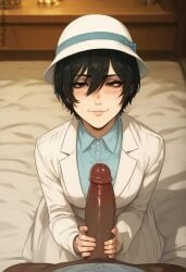 1female 1male ai_generated attack_on_titan bed black black_eyes black_hair blue_shirt dark-skinned_male handjob hat light-skinned_female mikasa_ackerman penis shingeki_no_kyojin short_hair skirt smile white_clothing