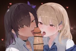 1boy 2girls bar_censor black_hair blonde_hair blowjob blush brown_eyes censored clothed_female_nude_male collaborative_fellatio commander_(nikke) dark-skinned_female dark_skin ear_piercings eyebrows_visible_through_hair fellatio ffm_threesome goddess_of_victory:_nikke heart heart-shaped_pupils licking_penis light-skinned_female light-skinned_male light_skin male_pov naga_(nikke) nipple_piercing penis piercings pov precum pumi_puru symbol-shaped_pupils threesome tia_(nikke) tongue tongue_out yellow_eyes