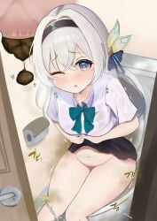 anus bathroom bowtie crowning female firefly_(honkai:_star_rail) hair_ornament hairband honkai:_star_rail indoors long_hair one_eye_closed panty_pull parted_lips poop pooping scat silver_hair sitying skirt skirt_tug smell stink stinky sweatdrop toilet toilet_paper toilet_use turd