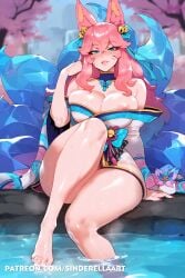 ahri ai_generated barefoot female foot_fetish hot_spring huge_breasts kumiho large_breasts league_of_legends pink_hair riot_games sinderellaart solo spirit_blossom_ahri spirit_blossom_series tencent