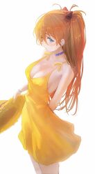 1girls arm_behind_back asuka_langley_sohryu bare_legs bare_shoulders bare_thighs big_breasts blue_eyes blush bracelet breasts choker cleavage closed_mouth dress female hair_bun long_hair matsogum neon_genesis_evangelion no_bra orange_hair sideboob skirt sleeveless sleeveless_dress solo straw_hat sundress thighs yellow_eyes