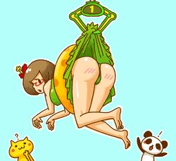 ass_blush blue_background brown_hair feline green_panties green_skirt minus8 mob_face nikki_(swapnote) nintendo nintendo_badge_arcade panda solo_focus swapnote upskirt