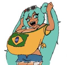 1girls animated ass big_ass big_breasts big_thighs blue_hair bouncing_breasts brazil brazilian brazilian_female brazilian_miku breasts butt cleavage cyan_eyes cyan_hair female female_only gigantic_breasts gurumo hatsune_miku huge_breasts latin_american_hatsune_miku_(meme) long_hair looking_at_viewer massive_breasts no_sound pixel_art shirt shorter_than_10_seconds shorts solo tagme tan tan_body thick_hips thick_thighs thighs twintails video vocaloid yellow_shirt