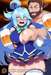 1boy 1girls ai_generated alcohol aqua_(konosuba) beer big_breasts blue_eyes blue_hair blush confused drunk drunk_sex gangbang grabbing_another's_breast hair_ornament half_naked half_updo hi_res kono_subarashii_sekai_ni_shukufuku_wo! long_hair milky_ai portrait straight_hair surprised tavern thick_thighs