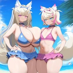 2girls ai_generated ameanon beach big_breasts bikini bikini_skirt breast_envy breasts cleavage collar dog_ears dog_tail flat_chest fuwawa_abyssgard hand_on_hip hololive hololive_english hololive_english_-advent- huge_breasts large_breasts mococo_abyssgard sideboob tail thick_thighs underboob virtual_youtuber vtuber