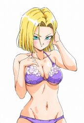 1girls ai_assisted ai_generated android_18 bikini blonde_hair blue_eyes blush bra dragon_ball dragon_ball_super dragon_ball_z female hand_on_chest jei_games lingerie panties pinup pose purple_bikini solo underwear