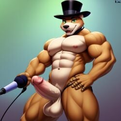 1boy ai_generated animatronic bara fazbear_fanverse frosting.ai furry gay male male_only microphone muscular_male no_humans popgoes popgoes_(character) sugar1989 top-hat weasel