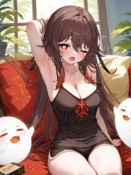 absurd_res ai_generated arm_up armpits bare_shoulders blush breasts brown_hair camisole cleavage couch covering_nipples female genshin_impact hu_tao_(genshin_impact) indoors long_hair looking_at_viewer medium_breasts ministro oerba_yun_fang one_eye_closed open_mouth pillow plant potted_plant red_eyes short_shorts shorts sitting solo strap_slip sweat symbol-shaped_pupils tank_top thighs very_long_hair waking_up yawning