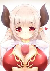 1boy alicia_(granblue_fantasy) blush breasts censored cleavage cow_girl cow_horns dress earrings elbow_gloves female gloves gradient_background granblue_fantasy horns huge_breasts kane-neko long_hair looking_at_viewer paizuri penis pointy_ears red_eyes silver_hair simple_background solo_focus straight underboob white_gloves