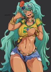 1girls aosora ass big_ass big_thighs brazil brazilian brazilian_female brazilian_miku breasts cyan_eyes cyan_hair female female_only hatsune_miku huge_ass huge_thighs latin_american_hatsune_miku_(meme) long_hair looking_at_viewer medium_breasts shirt shorts solo tagme tan tan_body thick_hips thick_thighs thighs thong twintails vocaloid yellow_shirt