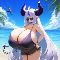 ai_generated ameanon beach big_breasts bikini bikini_under_clothes breasts breasts_bigger_than_head choker cleavage gigantic_breasts hands_on_hips hololive horns huge_breasts la+_darknesss large_breasts see-through see-through_clothing see-through_top sideboob sunglasses tail thick_thighs virtual_youtuber vtuber