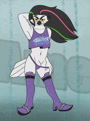 aaron_amethyst aaron_amethyst_(character) absurd_res anthro avian belt bird black_hair boots clothing crop_top feathers footwear genitals green_highlights hair hand_behind_head hi_res highlights_(coloring) horned_owl knee_boots knee_highs legwear long_hair looking_at_viewer male navel owl penis penis_base pink_highlights purple_clothing shirt shoes snowy_owl solo spiked_boots spiked_clothing spiked_footwear spikes topwear true_owl white_body white_feathers