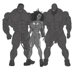 2boys big_penis breasts dark-skinned_female dark-skinned_male dark_skin extreme_muscles female large_breasts mnogobatko muscular_male veins veiny_penis