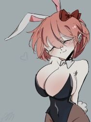 1girls :3 almonds_(almonddssss) black_leotard blush blush_lines bow breasts bunny_ears bunny_tail bunnysuit cleavage closed_eyes collarbone doki_doki_literature_club female female_only huge_breasts legwear leotard light-skinned_female light_skin looking_at_viewer orange_hair pantyhose pelvic_curtain pelvic_line posing red_bow sayori_(doki_doki_literature_club) short_hair smile smiling thick_thighs tight_clothing