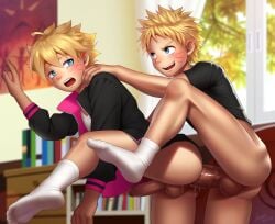 2boys anal anal_insertion anal_penetration anal_sex ankle_socks ass balls barefoot blonde_hair blue_eyes blush boruto:_naruto_next_generations bottomless boy bulge dripping dripping_precum erect_penis erection family father_and_son feet homri incest leg_lift male male_only multiple_boys naruto naughty_face penetration penis precum precum_drip precum_on_penis sex socks testicles toes underwear uzumaki_boruto uzumaki_naruto wet yaoi young