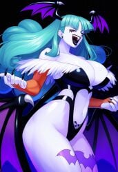 ai_generated claws cleavage corruption dark_persona darkstalkers elbow_gloves enemy_conversion female huge_ass huge_breasts leotard lips midriff morrigan_aensland navel pale-skinned_female pale_skin rock_of_succubus smile sports_shorts succubus succubus_tattoo tagme thedivergence1997 thick_thighs wide_hips