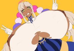 areolae blonde_hair breasts dark_skin double_peace_sign female female gigantic_breasts hololive hololive_english long_hair looking_at_viewer nipples pov ripped_clothing smug smug_ghost solo tsukumo_sana virtual_youtuber waist_up yellow_eyes