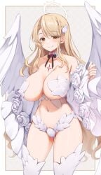 absurd_res angel angel_wings bare_shoulders blonde_hair breasts brown_eyes cleavage female_only halo huge_breasts long_hair looking_at_viewer navel osa_(osaosa) revealing_clothes smile solo wings