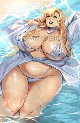 1girls ahoge angel angie_(puzzled_artist) bangs beach bikini black_lipstick blonde_hair breasts choker cleavage commission curvy eyebrows_visible_through_hair female female_only halo heart_choker huge_breasts large_breasts lipstick long_hair necklace on_back open_clothes original outdoors partially_submerged plump puzzled_artist solo solo_female swimsuit thighs water watermark wet white_bikini winking yellow_eyes