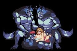 1girls 3boys animated blonde_hair breasts breeding_season cum cum_on_body cumshot feet female female_breeder gangbang huge_cock larger_male multiple_boys naked nude nude_female s-purple shorter_than_10_seconds size_difference smaller_female smile sound video video_games werewolf