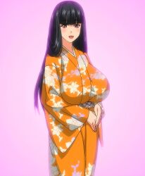 1girls bangs big_breasts black_hair blunt_bangs busty clothed clothed_female clothing cropped_legs curvy eyes female floral_pattern floral_print front_heavy_breasts front_view glowing_background hair hair_over_shoulder happy happy_female hime_cut huge_breasts kimono large_breasts long_bangs long_breasts long_dress long_hair long_sleeves loose_sleeves mature mature_female niizuma_koyomi niizuma_koyomi_the_animation open_mouth orange_clothing orange_kimono pink_background pink_pineapple pink_theme red_eyes smile smiling smiling_at_viewer solo standing straight_hair uikawa_shino upper_body warm_colors wide_sleeves yellow_clothing yellow_kimono yellow_theme