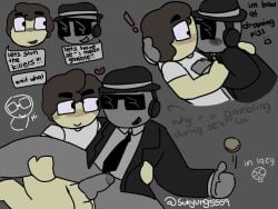 ! bottomless bottomless_male brown_hair chance_(forsaken) chat_box coin fedora forsaken_(roblox) gay gay_sex grey_background grey_skin heart kiss_on_lips kissing leg_up male male/male male_only penis penis_in_ass self_upload shades shedletsky shedletsky_(forsaken) smiling_at_partner suit_and_tie suit_jacket sukyung5559 tagme text watermark white_shirt white_undershirt yellow_skin