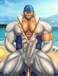 archie_(pokemon) balls bara beard bodysuit boner erection erection_under_clothes facial_hair hands_behind_back headkerchief male male_only muscles muscular nintendo penis pokemon pokemon_masters_ex solo solo_male spread_legs squatting sweat sweating team_aqua toto_(artist)