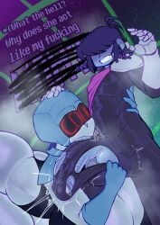 1boy 1girls big_breasts black_armor blue_body darky deltarune drool drooling eyeless_male female gloves huge_cock kris_(deltarune) moaning precum purple_cape queen_(deltarune) tagme thick_ass throbbing throbbing_penis tits visor