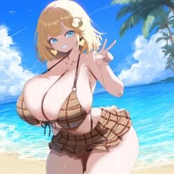 ai_generated beach big_breasts bikini bikini_skirt blonde_hair blue_eyes breasts brown_bikini cleavage earrings hololive hololive_english hololive_myth huge_breasts large_breasts peace_sign school_uniform sideboob skirt thick_thighs underboob virtual_youtuber vtuber watson_amelia