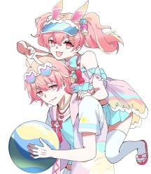 1girl1boy alternate_costume beach_ball bikini frills peace_sign pink_hair tono00me tower_of_fantasy twintails wanderer_(tower_of_fantasy)