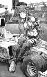 1girls a_tea arknights bagpipe_(arknights) bagpipe_(queen_no._1)_(arknights) bound breasts breasts_out female female_only horns monochrome nipple_piercing race_car race_queen