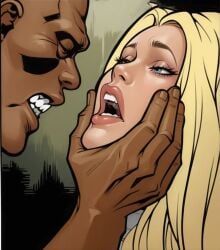 ai_generated blonde_hair comic dark-skinned_male emma_frost marvel marvel_comics sex superhero superheroine x-men