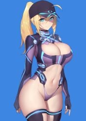 absurdres ahoge aqua_eyes areola_slip artoria_pendragon_(fate) baseball_cap black_gloves black_hat black_thighhighs blonde_hair blue_background blush breasts bright_pupils center_opening cleavage cleavage_cutout closed_mouth clothing_cutout commentary_request cosplay cowboy_shot elbow_gloves fate/grand_order fate_(series) fei_er female fingerless_gloves gloves groin hat highleg highres large_breasts long_hair looking_at_viewer mysterious_heroine_x_(fate)_(cosplay) mysterious_heroine_xx_(fate) navel neon_trim ponytail sidelocks simple_background skindentation smile solo stomach thighhighs thighs