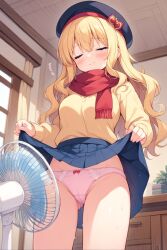 ai_generated beret blonde_hair closed_eyes flan_(flanofart) flanofart pink_panties pulling_clothing pulling_skirt scarf tagme