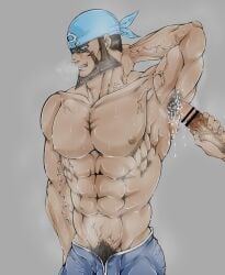 archie_(pokemon) armpit_fetish armpit_hair balls bara beard boner bulge cum cum_on_armpit erection facial_hair flaccid gay hand_behind_head headkerchief kuzumochi0609 male male_only muscles muscular musk nintendo penis pokemon shirtless sweat sweating team_aqua