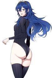 1girls ameno_(a_meno0) ass big_ass blue_eyes blue_hair brand_of_the_exalt breasts female female_only fire_emblem fire_emblem_awakening leotard long_hair looking_at_viewer looking_back lucina_(fate's_resolve)_(fire_emblem) lucina_(fire_emblem) nintendo open_mouth simple_background small_breasts solo solo_female symbol-shaped_pupils thick_thighs thigh_highs thighs tiara white_background