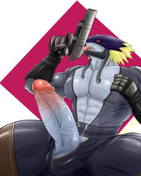 1boy anthro beelzemon clothed clothing digimon digimon_(species) digimon_tamers gay gun humanoid_penis licking_gun long_penis male male_only muscular muscular_male penis pistol ranged_weapon seven_great_demon_lords simple_background solo weapon welvet zipper