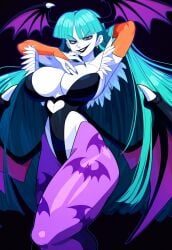 ai_generated claws cleavage corruption dark_persona darkstalkers elbow_gloves enemy_conversion female huge_ass huge_breasts leotard lips midriff morrigan_aensland navel pale-skinned_female pale_skin rock_of_succubus smile sports_shorts succubus tagme thedivergence1997 thick_thighs wide_hips