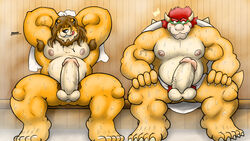 anthro balls bear biceps big_muscles big_penis blonde_hair bowser duo erection feline hair hi_res hibrid horn humanoid_penis koopa lion male male_only mammal mario_(series) musclegut muscular nintendo nude pecs penis reptile sauna scalie sitting video_games yaoi yasser