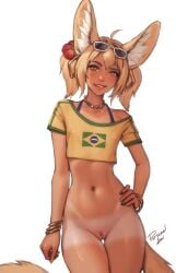 ahoge animal_ear_fluff animal_ears arm_at_side artist_name bead_necklace beads bikini bikini_under_clothes black_bikini blonde_hair bracelet brazil brazilian brazilian_female brazilian_flag_print brazilian_miku brazilian_miku_(cosplay) brown_eyes cleft_of_venus collarbone contrapposto cosplay cowboy_shot eyewear_on_head female flat_chest flower fox_ears fox_girl fox_tail green_nails hair_between_eyes hair_flower hair_ornament hand_on_own_hip hatsune_miku highres jewelry khiara_(personalami) looking_at_viewer medium_hair multicolored_nails nail_polish navel necklace off_shoulder original parted_lips personal_ami personalami pussy rectangular_earrings shirt short_hair short_sleeves shorts_tan simple_background slit_pupils smile solo sunglasses swimsuit tail tan tanlines thigh_gap twintails uncensored vocaloid white-framed_eyewear white_background yellow_nails yellow_shirt