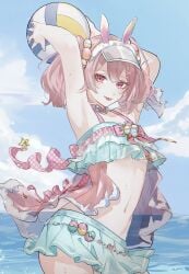 alternate_costume beach_background beach_ball bikini cute_expression frills pink_hair tomo_gento tongue_out tower_of_fantasy twintails wanderer_(tower_of_fantasy)